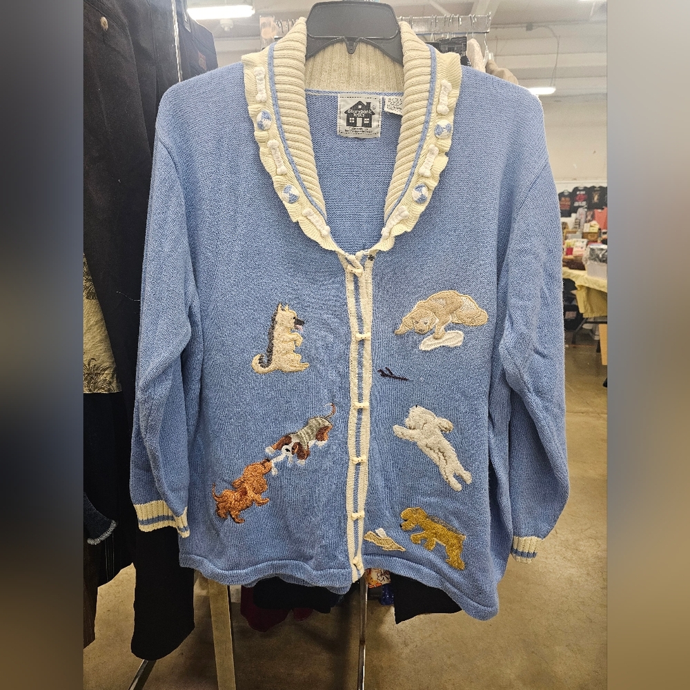 Vintage Storybook Knits Cardigan Sweater 2X  Embroidered Dogs Used Lovely Detail